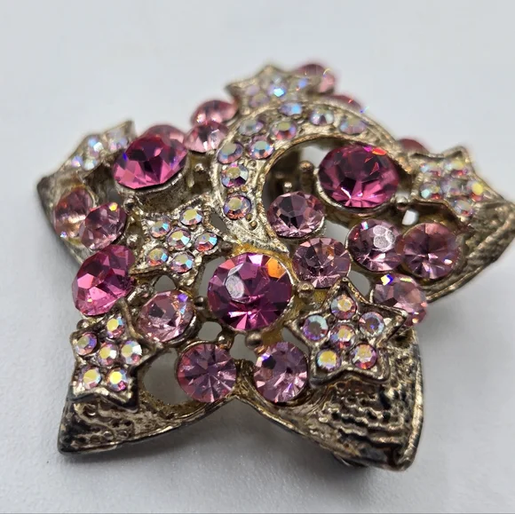 VINTAGE Star Brooch Auro Borealis Moon Stars In Pink Crystals - Picture 9 of 10